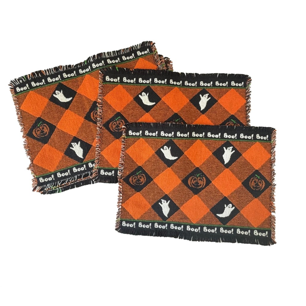 Vintage Halloween Woven Placemats Set 7 Ghost Boo! Pumpkin Tapestry 90s